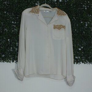 Fiji Sport Vintage Sheer White Gold Embroidered Beaded Button Up Shirt Size 12